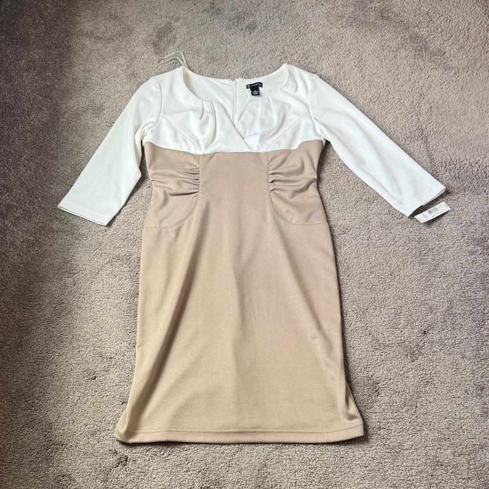 New Directions Colorblock Dress Beige White Ruched 3/4 Sleeve SIZE 8P